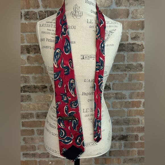L’uomo italin silk red blue paisley vintage 80s 90s style men’s tie - Picture 12 of 12